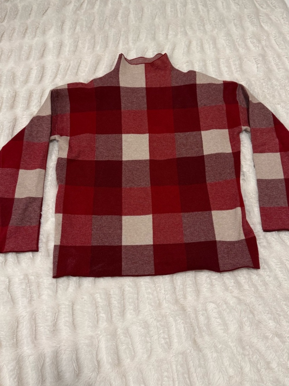 Tahari Red and Cream Plaid Mock Neck Sweater
